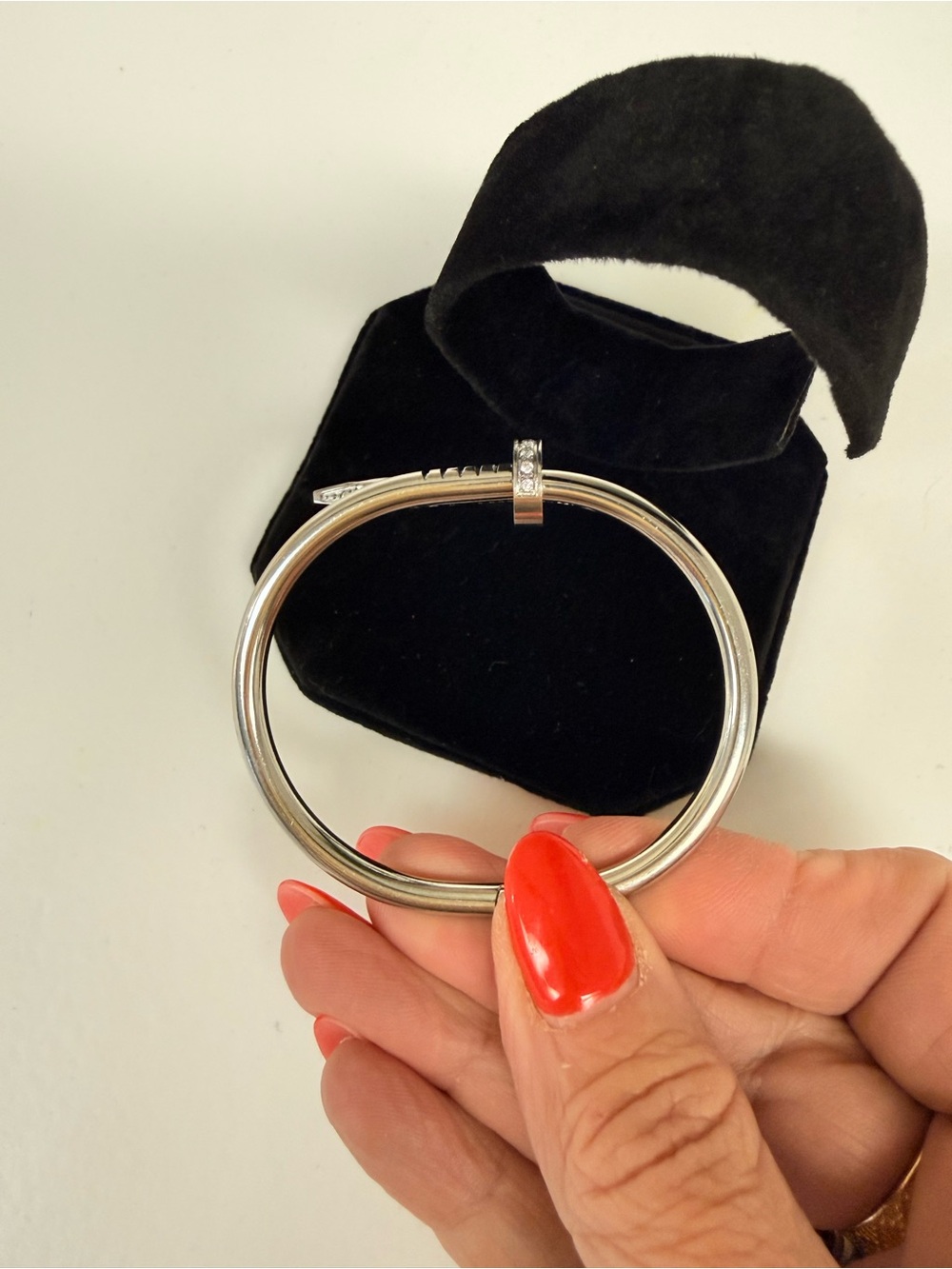 Polished Silver-Tone Women's Hinged Bracelet with Crystal Accent